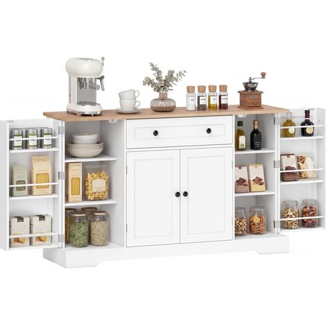 Buffet de cuisine avec tiroir, étagères sur portes, étagères réglables, coin café, 138 x 40 x 83,5 cm, blanc (1/5)