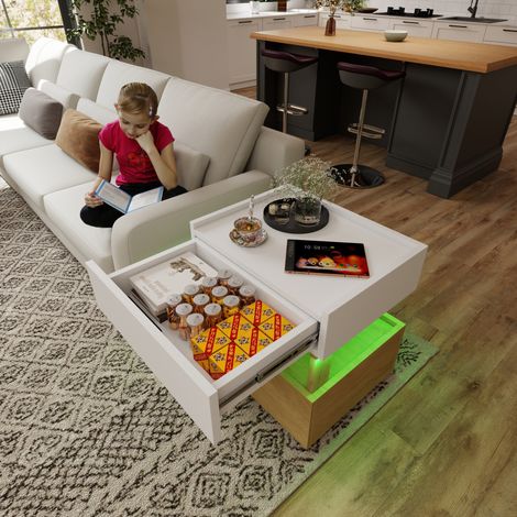Moderner Nachttisch mit 2 Schubladen in Weiß und Naturholz mit LED (1/5)