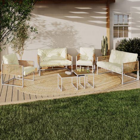 Conjunto de muebles bajos de jardín RIO de 6 plazas con estructura de metal blanco y cordaje efecto ratán y cojines beige