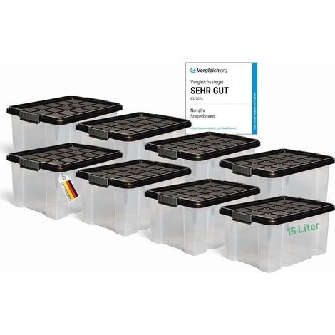 Novaliv 8x boîtes de rangement avec couvercle 15L anthracite Boîtes de rangement empilables emboîtables avec fermeture à clip Boîte en plastique sans