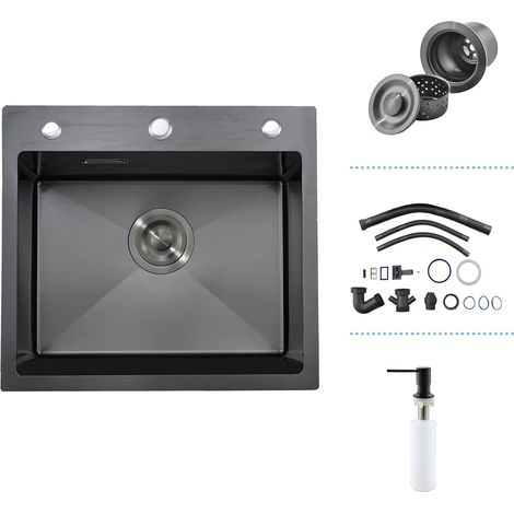 Évier de Cuisine Noir Mat 55 x 50, Acier Inox, Encastrable, 3 Trous Robinet (1/5)