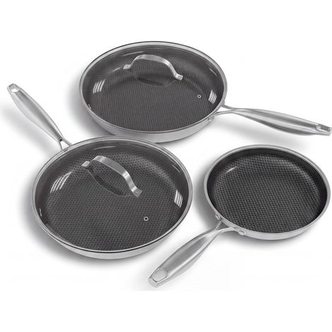 Lot de 3 poêles 20‑25‑28 cm inox 3 plis antiadhésives, couvercle, poignée froide, sans PFOA, tous feux (1/5)