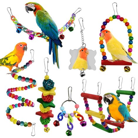 Lot de 7 jouets pour oiseaux en bois naturel, accessoires de cage pour perruches, calopsittes et inséparables, ensemble de balançoires et perchoirs pour enrichissement et exercice (1/5)
