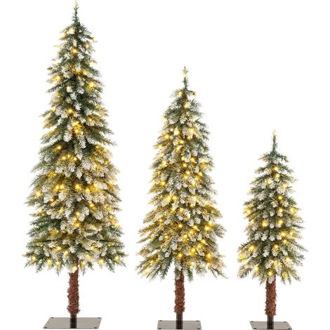 Costway – Lot de 3 sapins de Noël artificiels 90/120/150 cm – Effet enneigé PVC – 50/100/150 lumières LED blanc chaud – Décoration de Noël (1/5)