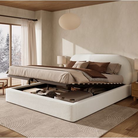 Lit coffre 160x200 cm, avec rangement sous sommier et tête de lit, en tissu, beige, sans matelas (1/5)