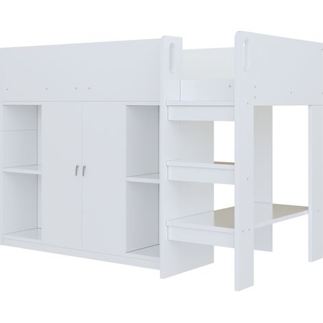 Letto a soppalco per bambini 90 x 200 cm con armadio e ripiani, bianco (1/5)