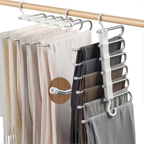Cintres à pantalons 6 en 1 gain de place, lot de 2 cintres gain de place pour armoires, cintres antidérapants pour ranger foulards, jeans et vêtements. (1/5)