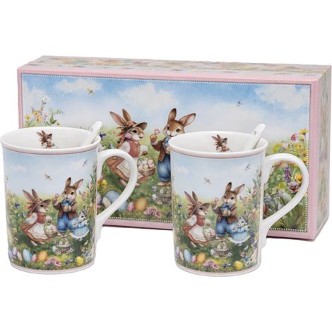 Juego de 2 tazas de porcelana con forma de conejito de Pascua en una caja de regalo. (1/5)