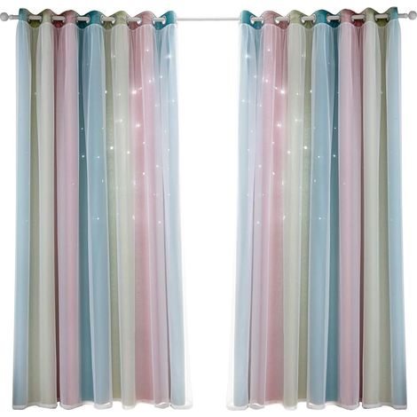 Rideaux à étoiles doubles ajourées, rideaux à étoiles double couche pour chambres de petites filles, rideaux colorés pour chambres d'enfants avec voile, rideaux occultants (vert 53 po L x 63 po H) (1/5)