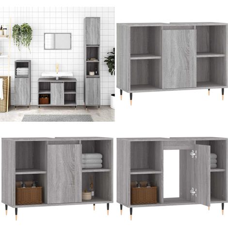 Badschrank Grau Sonoma 80x33x60 cm Holzwerkstoff - Badeschrank - Badezimmermöbel - Holzwerkstoff - Grau - Schubladen - Home & Living