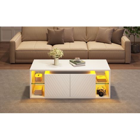 Table basse moderne avec éclairage LED 100 x 50 x 41 cm blanche en aggloméré avec rangement ouvert et fermé (1/5)