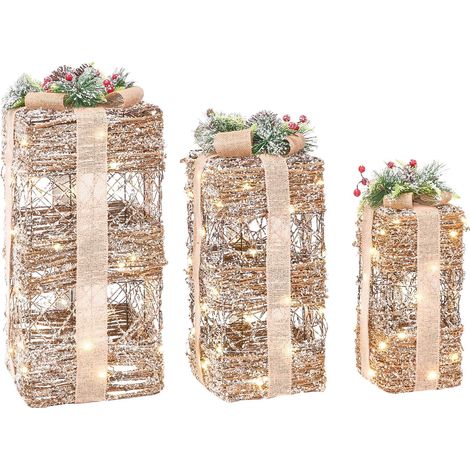 Lot de 3 Décorations de Noël LED en Rotin en Forme de Cadeaux avec Nœuds Accessoire Intérieur Marron et Beige Nakilla (1/5)