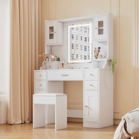 FENCHILIN Grande coiffeuse avec éclairage LED réglable et prises électriques, coiffeuse avec miroir, 6 tiroirs et 4 portes pour la chambre à coucher, blanche, dimensions 105 × 152 × 40 cm (1/5)