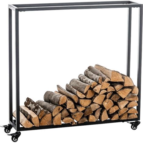 Range-bûches étagère support bois de cheminée sur roulettes 100x100x25 cm en métal noir 100003526 (1/5)