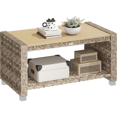 Light Brown Woven Resin Outdoor Coffee Table with Shelf 90 x 50 x 45 cm (1/5)