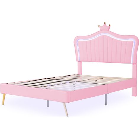 Kinderbett Doppelbett mit Verstellbarem Kopfteil und LED 140 × 200 cm, ohne Matratze, Rosa, Gepolstert (1/4)
