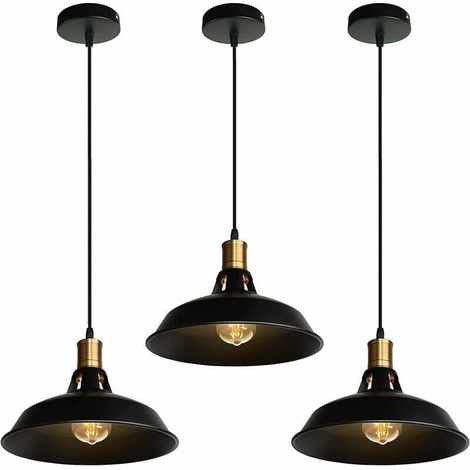 Suspension Lustre Industrielle Vintage Luminaire Plafonnier E27 Salon Abat-jour Plafond en Métal Rétro Style Nordique Design Câble Réglable (Noir, 3pcs) (1/4)