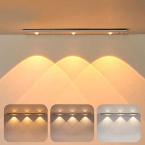 Lampe LED, 40 cm, avec détecteur de mouvement, rechargeable par USB, sans fil, 3 modes d'éclairage et support magnétique pour placards, couloirs et garages - Argent (1/3)