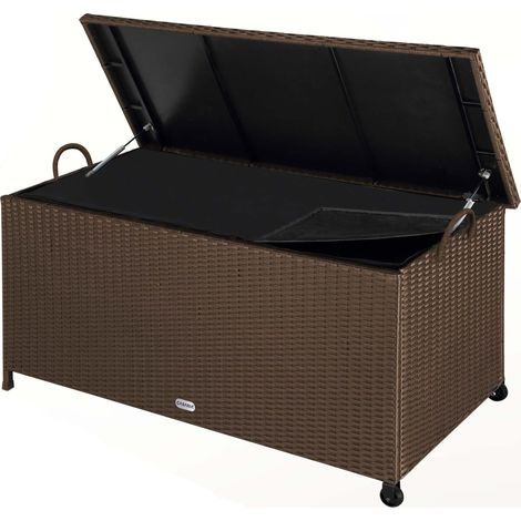 Casaria – Polyrattan garden storage box 420L with wheels – Waterproof, UV resistant, reinforced lid – 122x56x61cm – 140kg load capacity – Brown (1/7)