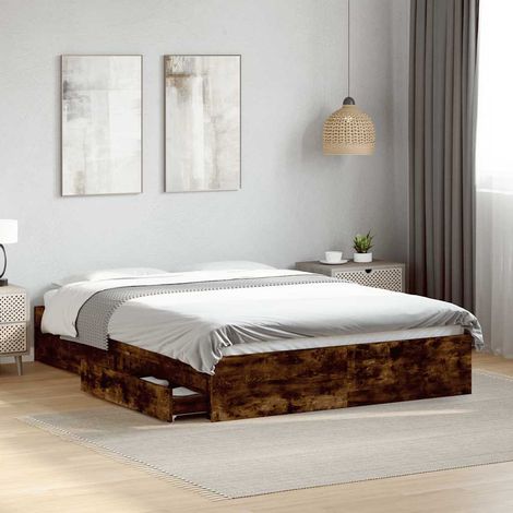 vidaXL Cama con cajones madera de ingeniería roble ahumado 135x190 cm (1/5)