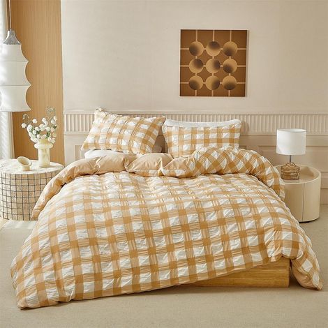 Seersucker Bettwäsche 155x220 cm kariert, Mikrofaser, atmungsaktiv, beige-weiß