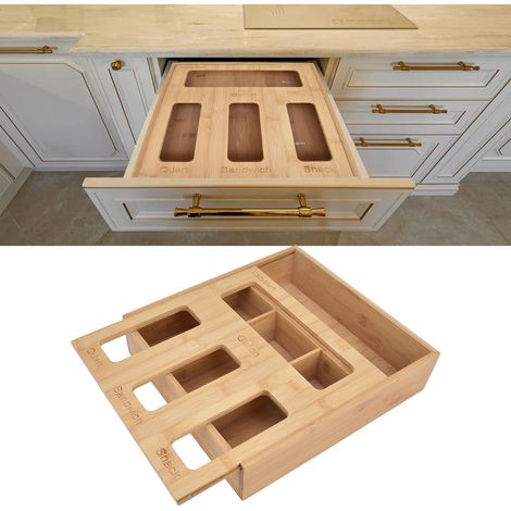 Boîte de rangement Bamboo Kitchen Bag Organizer Holders - Organisateur sacs cuisine bambou, stickers inclus, 4 slots, marquable, 32.5x30.5x7.6cm (1/5)