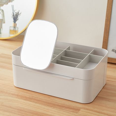 Off White Makeup Cosmetic Organizer with Mirror (1/5)