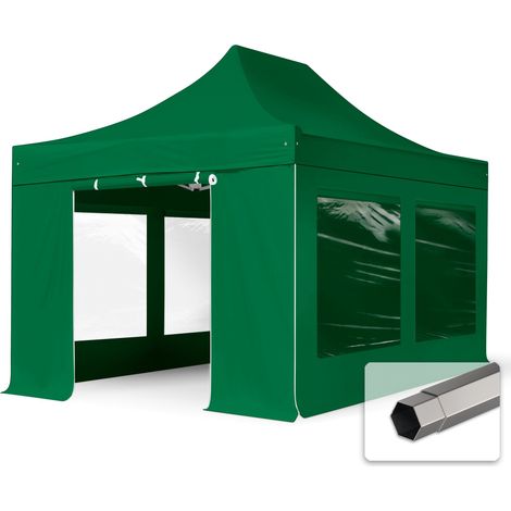 3x4,5 m Faltpavillon, PREMIUM Stahl 40mm, Seitenteile mit Panoramafenstern, dunkelgrün