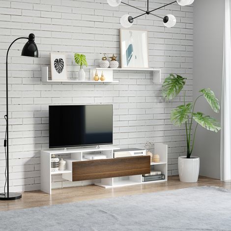 Mueble para TV con estante de pared, estantes abiertos y armario de madera, mueble moderno para TV para salón y dormitorio, blanco y marrón.