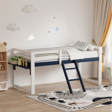 Letto a soppalco per bambini 90x200 cm in legno, con sponda di protezione, scaletta fissa, ripiano e rete a doghe, bianco e blu (1/5)