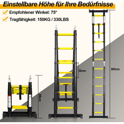 Randaco Teleskopleiter schwarz 3.8m Mit Haken Ausziehleiter bis 150kg Stabil Aluminium Anlegeleiter Multifunktionsleiter Sicherheitsmerkmal Stehleiter (1/5)