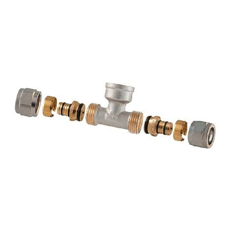 RACCORDO TEE FEMMINA A COMPRESSIONE PER MULTISTRATO 2PZ ASSEMBLATO 1/2-16 x 1/2 x 1/2-16