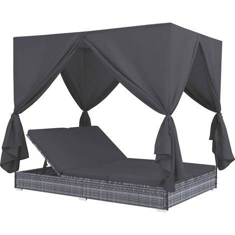 Maison Exclusive - Lettino Prendisole con Tende in Polyrattan Grigio (1/5)