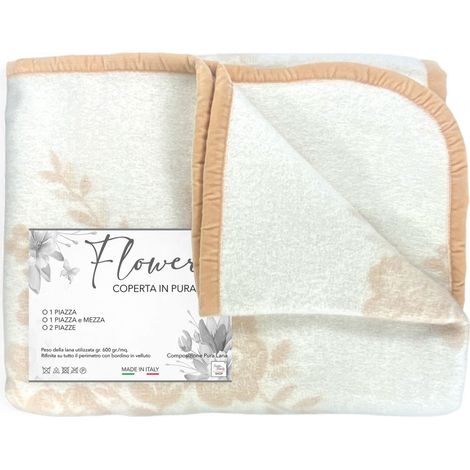 Coperta Flower in 100% Pura Lana Morbida e Calda con Bordino in Velluto - Comfort ed Eleganza, Design Classico - Made in Italy 1 PIAZZA