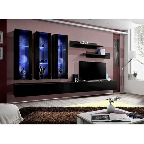 Ensemble meuble TV mural  - Fly IV - 320cm x 190 cm x 40 cm - Noir - Livraison gratuite