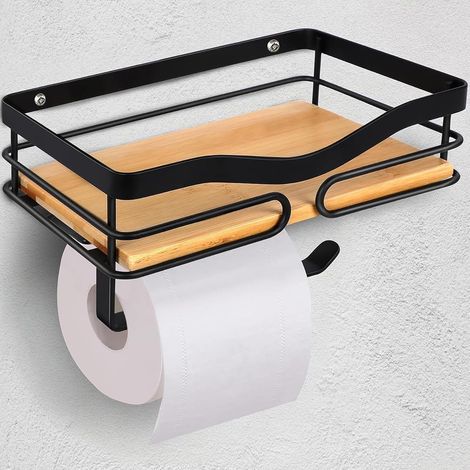 Porte-papier toilette noir métal et bambou autocollant