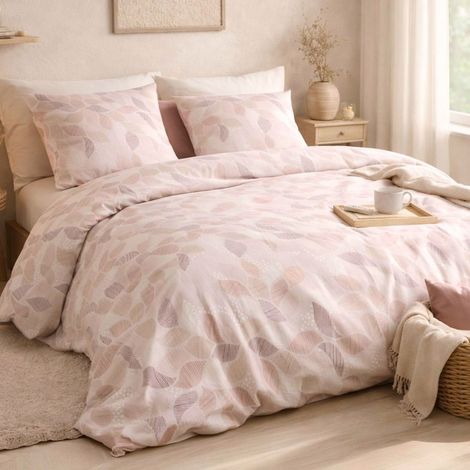 Parure housse de couette 260x240cm + 2 taies motif feuilles rose poudré 100% coton - LIXIA (1/4)