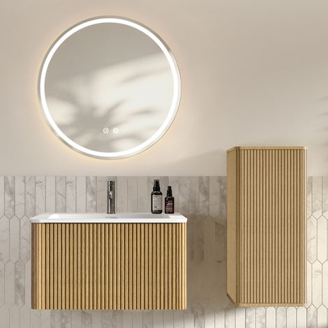 Mobile bagno sospeso con lavabo, specchio LED rotondo e colonna, color rovere DESVIAE (1/5)