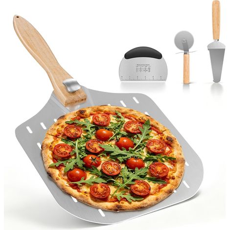 Lot de 4 ustensiles de four à pizza, pelle à pizza de 30,5 cm avec poignée pliable, grattoir à pâte avec échelle de mesure, roue à pizza et pelle à tranche, pour cuire, trancher et servir (1/5)