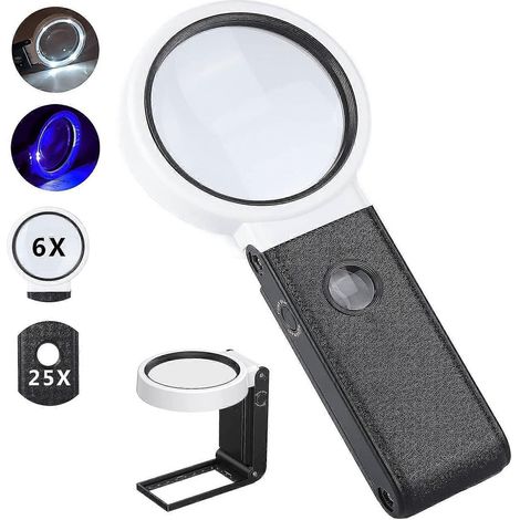 Beleuchtete Leselupe 25x 6x, Lupe mit 6 LEDs und 2 UV-Lampen, Taschenlupe, Tischlupe mit Klappständer