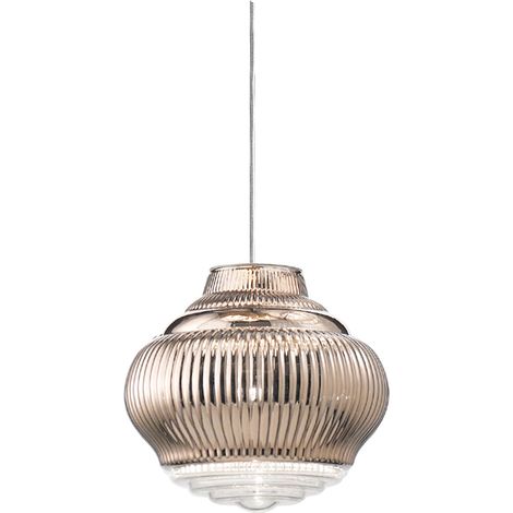 Bonnie Lampada a sospensione in vetro soffiato finitura Oro Rosa, design artigianale con lavorazione a rilievo rigadin e struttura in metallo grigio