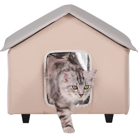 Mophorn Erhöhtes, beheiztes Katzenhaus – Faltbarer Outdoor-Katzenunterschlupf mit Heizkissen, einstellbarem Thermostat und Timer, Braun (Mittelgroß)