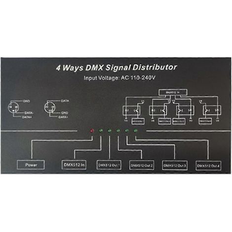 DMX512 Splitter/Verstärker mit 100-240V AC Eingang, 4 Kanälen und 4 Ausgängen, Signalverteiler (US-Stecker). (1/5)