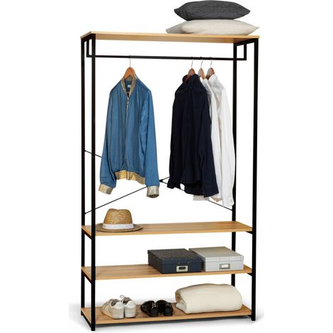 Idmarket – Dressing industriel large 100 cm – Structure métal noir – 3 étagères spacieuses – Longue barre de penderie pour cintres