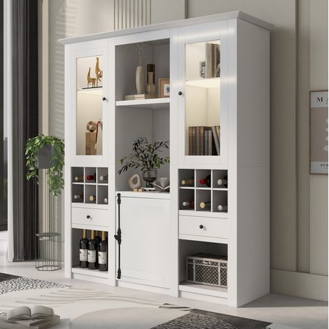 Vitrine LED 143 x 45,5 x 170 cm blanche en MDF avec portes acryliques HAVRYA (1/5)