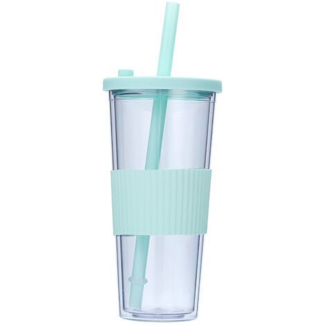 Paroi double en plastique, avec couvercle et gobelet en paille vert paille (1/3)
