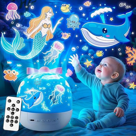 Veilleuse Enfant, 10 Musique Veilleuse Bébé Musicale et Lumineuse, 360° Rotation 15 Films Projecteur Ciel Etoile,Télécommande Rechargeable Lampe de chevet Sans Fil,Enfant Bebe Cadeau Noel (1/5)