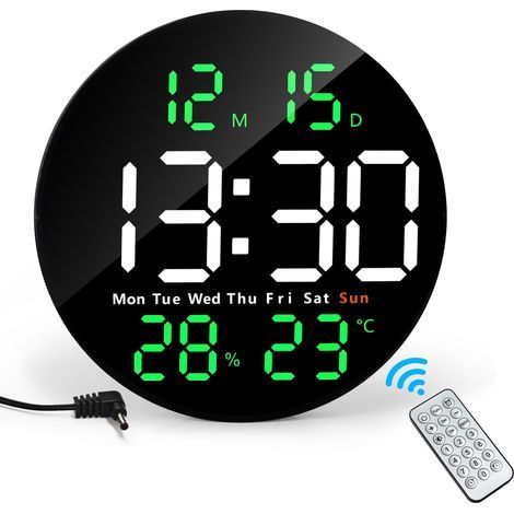 Horloge Murale Numérique LED Ronde 25CM, Horloge Digitale avec Télécommande, Température, Humidité, Date, Alarmes, 12/24H, Luminosité Réglable pour Salon Chambre Bureau Gymnase, Vert (1/5)