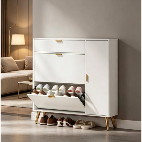Meuble à chaussures compact 8 à 12 paires avec 2 abattants, rangement haut ouvert, finition blanche, pieds dorés, pour entrée étroite, 99,4 x 23,8 x 106,6 cm - CHICFURN (1/5)