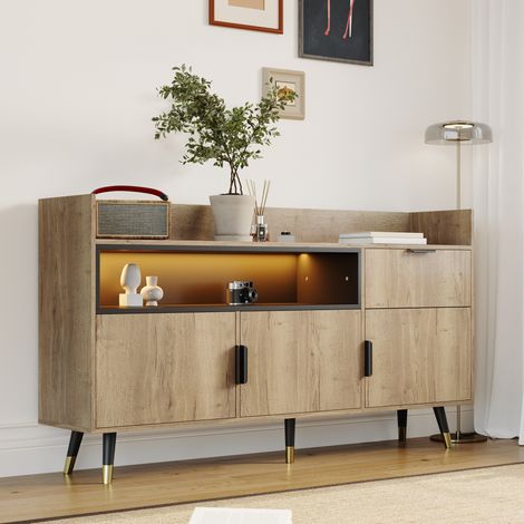 REDOM - Credenza 160x35x82 cm, ripiano a giorno, cassetto centrale, ante, legno ingegnerizzato, naturale (1/5)